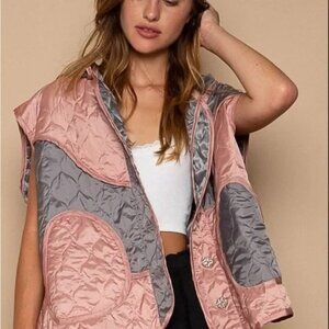 POL Quilted Pink‎ & Gray Lightweight Vest Removable Hood Oversized Fit NWOT S/M